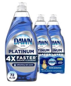 Dawn Platinum Dishwashing Liquid Dish Soap – 24 Fl Oz (Pack of 3) + Non-Scratch Sponge (2 Count), Refreshing Rain